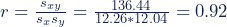 Rendered by QuickLaTeX.com r=\frac {s_{xy}}{{s_x}{s_y}}=\frac {136.44}{12.26*12.04}=0.92